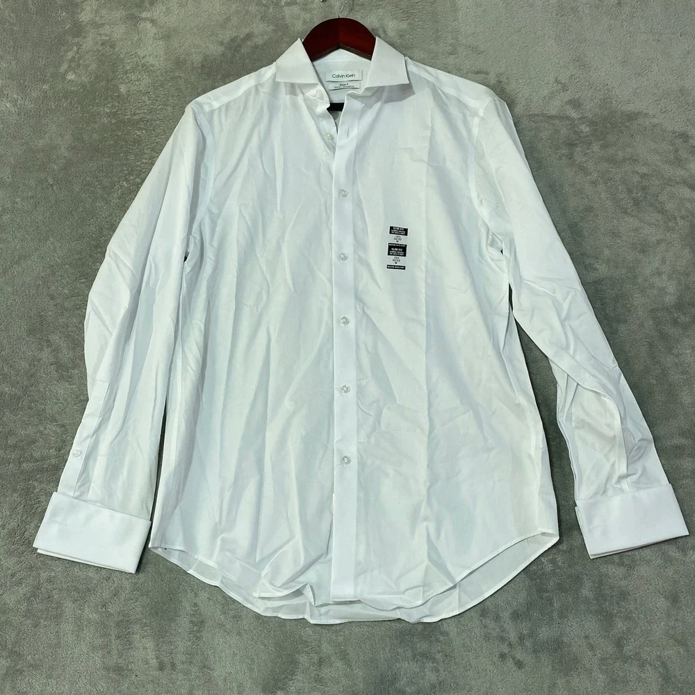 NWT Calvin Klein Dress Shirt Mens 15.5 M White Cotton Steel+ Slim French Cuff